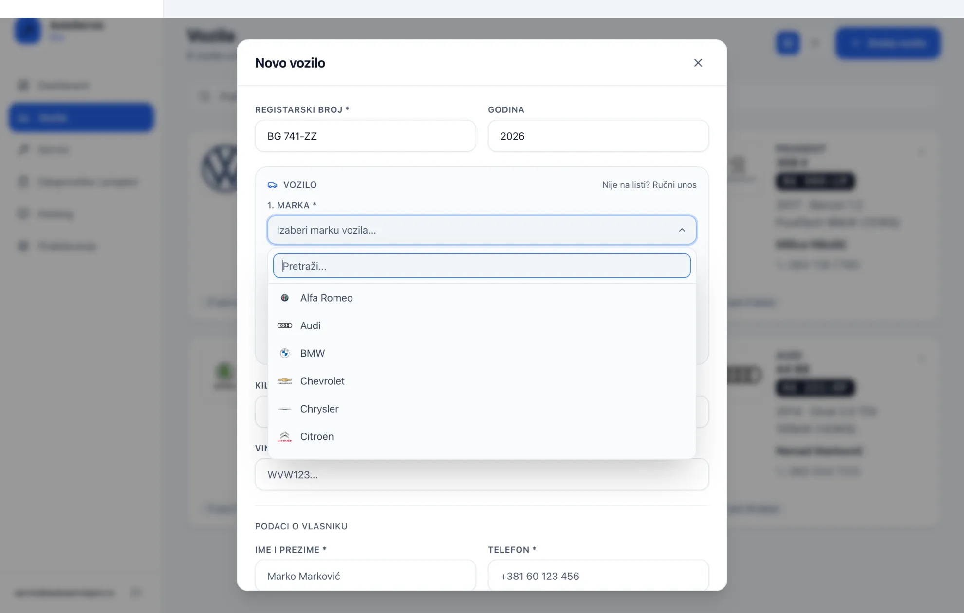Unos novog vozila u program za auto servise — izbor marke, modela i motora iz liste