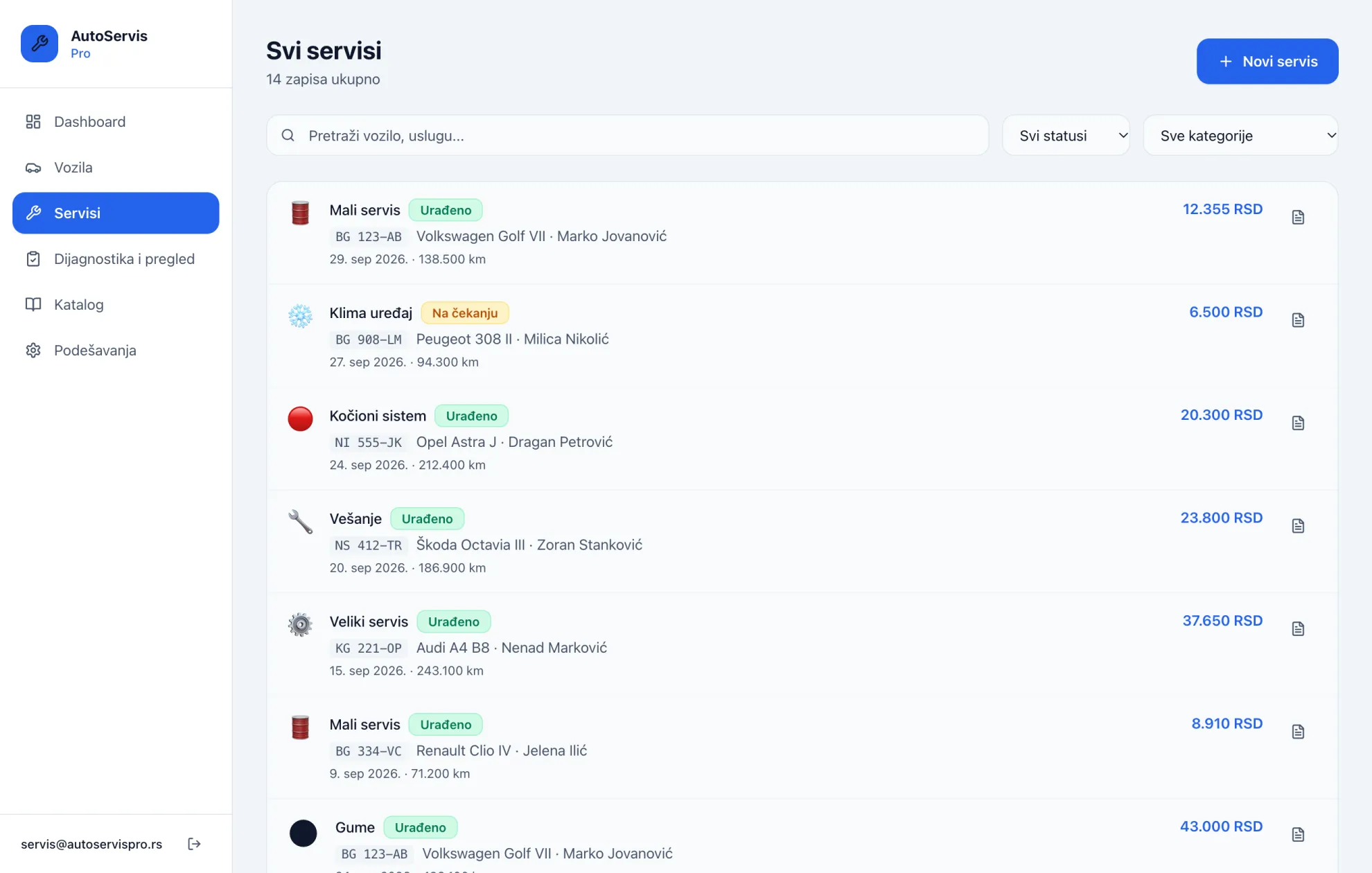 Lista servisa u programu za auto servis, sa cenama, statusima i PDF radnim nalogom